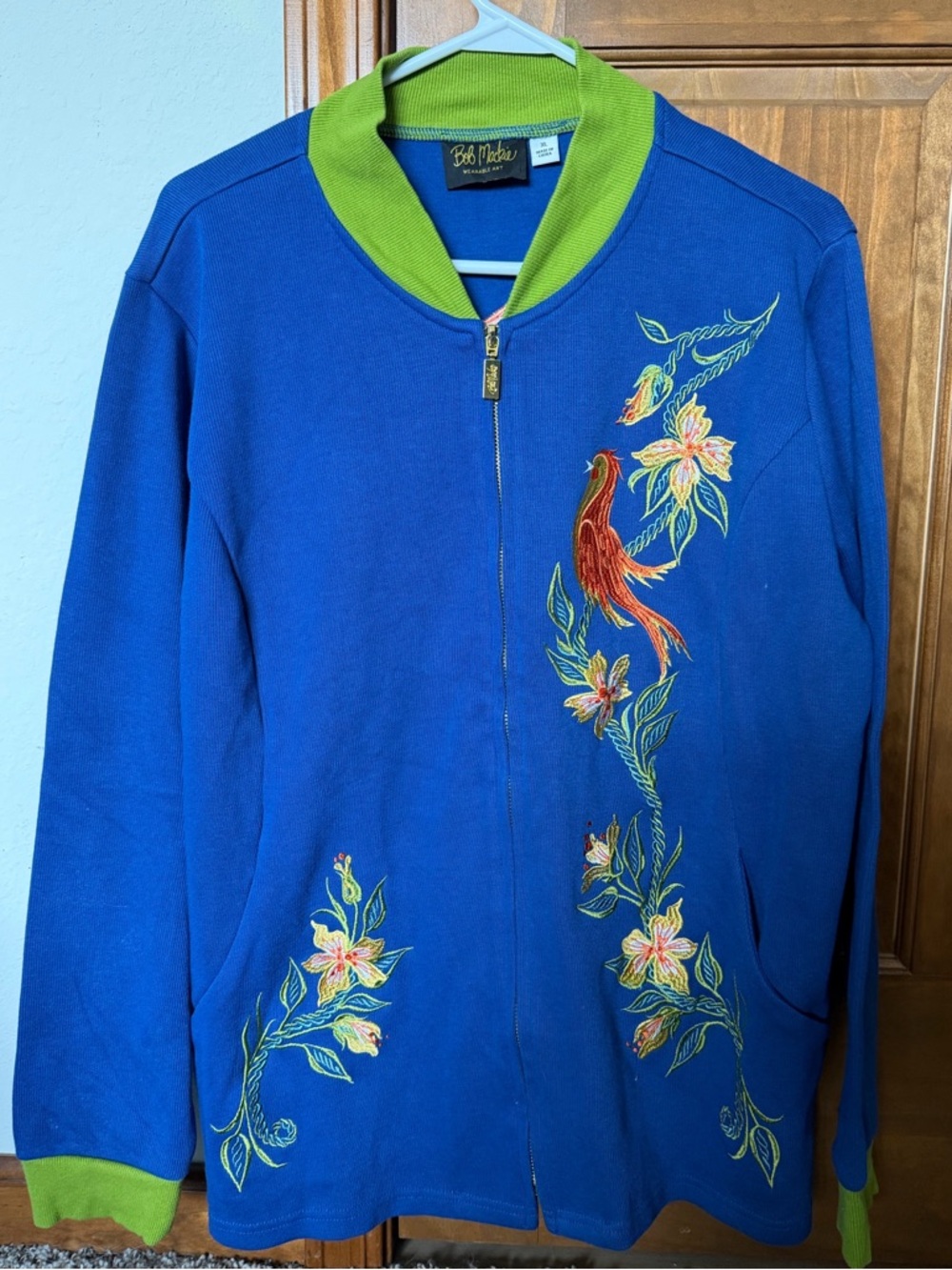 Vintage Bob Mackie Blue Jacket with Lime Green Trim and Gold Logo